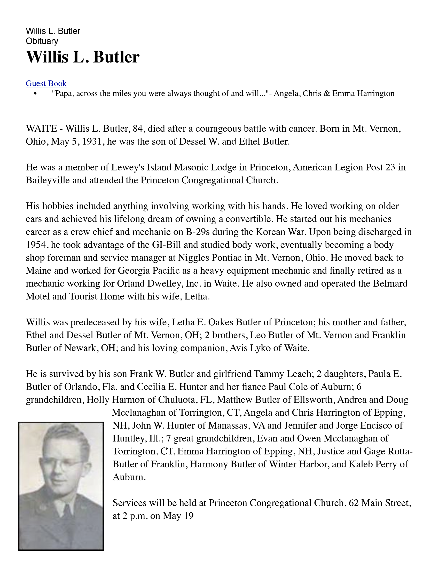 Willis Butler Obituary